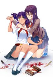 Rule 34 | 2girls, belt, bleeding, blood, blood on clothes, blood on hands, bloody knife, blue skirt, book, breasts, crossover, doki doki literature club, envelope, everlasting summer, eye contact, green eyes, hair ornament, hairpin, half-closed eyes, hand on another&#039;s shoulder, highres, kneeling, knife, long hair, looking at another, miniskirt, multiple girls, paper, purple eyes, purple hair, red ribbon, ribbon, school uniform, shirt, shoes, short hair, sitting, skirt, smile, twintails, uniform, unyl-chan, vest, white background, white shirt, yuri, yuri (doki doki literature club)