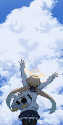 Rule 34 | 1girl, absurdres, acaa, backlighting, backpack, bag, blue archive, cloud, cloudy sky, hand up, hifumi (blue archive), highres, peroro (blue archive), sky, solo