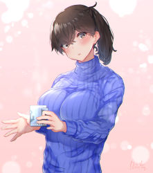 Rule 34 | 1girl, alternate costume, artist name, blue sweater, blush, breasts, brown eyes, brown hair, closed mouth, coffee mug, cup, holding, holding cup, kaga (kancolle), kantai collection, large breasts, long hair, looking at viewer, mani oniniku, mug, parted lips, ribbed sweater, side ponytail, signature, solo, sweater, turtleneck, turtleneck sweater, upper body