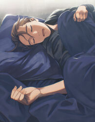 Rule 34 | 1boy, absurdres, ace attorney, apollo justice, bed sheet, black shirt, brown hair, closed eyes, drooling, fingernails, forked eyebrows, hair between eyes, hand up, highres, iro saki, long sleeves, lying, male focus, messy hair, mouth drool, on back, pillow, shirt, short hair, sleeping, solo, under covers, upper body