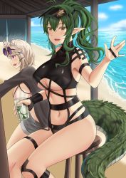 Rule 34 | 2girls, :d, animal ear fluff, animal ears, antenna hair, arknights, beach, bikini, black bikini, black jacket, breasts, commentary request, crocodilian tail, cup, drinking glass, eyewear on head, feet out of frame, gavial (arknights), green hair, hair between eyes, hair intakes, hand up, highres, holding, holding cup, jacket, large breasts, long hair, long sleeves, looking at viewer, multiple girls, navel, official alternate costume, open clothes, open jacket, open mouth, pointy ears, ponytail, silver hair, sitting, smile, springveiv, stomach, sunglasses, swimsuit, tail, thighs, underboob, utage (arknights), utage (summer flowers) (arknights), visor cap, yellow eyes