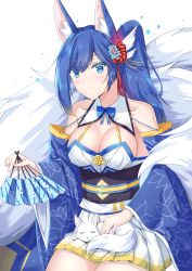 Rule 34 | 1girl, absurdres, animal ears, azur lane, blue eyes, blue hair, bow, bowtie, breasts, cleavage, collarbone, commentary request, detached sleeves, disembodied head, eyes visible through hair, folding fan, fox, fox ears, fur scarf, fur trim, hair ornament, hand fan, headpat, highres, holding, holding fan, japanese clothes, jintsuu (azur lane), large breasts, long hair, looking at viewer, natie, obi, pleated skirt, ponytail, sash, sidelocks, simple background, sitting, skirt, sleeping, sleeping on person, smile, white background, wide sleeves
