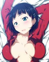 Rule 34 | 10s, 1girl, aqua eyes, arms up, bed sheet, black eyes, black hair, blush, breasts, breasts apart, center opening, kirigaya suguha, large breasts, lying, no bra, on back, open clothes, open mouth, open shirt, pajamas, shirt, short hair, solo, sword art online, upper body, xxxx