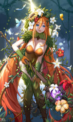 Rule 34 | 1girl, blue eyes, breasts, bug, butterfly, cleavage, flower, forest, gloves, hair flower, hair ornament, highres, insect, large breasts, leaf hair ornament, leaning forward, leotard, long hair, monster girl, nature, orange hair, orange leotard, original, plant, plant girl, solo, staff, standing, strapless, strapless leotard, very long hair, vines, yuxing yuhang