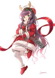 Rule 34 | 1girl, absurdres, blush, dated, depth charge, green eyes, hat, highres, juliet sleeves, kantai collection, long hair, long sleeves, matsuwa (kancolle), mittens, official alternate costume, open mouth, pantyhose, puffy sleeves, purple hair, red footwear, red mittens, rudder footwear, sagoromo 04, sailor hat, santa costume, signature, simple background, solo, white background, white hat, white pantyhose