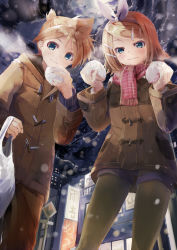 Rule 34 | 1boy, 1girl, bag, baozi, blonde hair, blue eyes, blush, bow, brother and sister, building, city, cloud, cloudy sky, coat, daidou (demitasse), fisheye, food, from below, hair bow, hair ornament, hairclip, highres, holding, kagamine len, kagamine rin, pantyhose under shorts, looking at viewer, looking down, pantyhose, plastic bag, scarf, short hair, shorts, siblings, sign, sky, smile, smirk, snow, snowing, steam, twins, vocaloid, winter, winter clothes