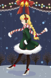 Rule 34 | 1girl, bad id, bad pixiv id, blonde hair, braid, coat, earmuffs, galibo, hands in pockets, high heels, pantyhose, scarf, snow, solo, standing, standing on one leg, striped clothes, striped scarf