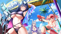 Rule 34 | 3girls, absurdres, animal ears, arms under breasts, azur lane, bent over, between breasts, bikini, bikini under clothes, blue eyes, blue hair, breasts, bremerton (azur lane), cleavage, dripping, festival, food, fox ears, fox girl, fox tail, gun, highres, ice cream, ice cream cone, large breasts, leaning forward, multiple girls, navel, nevven, new jersey (azur lane), open mouth, outdoors, pink eyes, pink hair, pink thighhighs, rabbit ears, shinano (azur lane), summer, swimsuit, tail, thick thighs, thigh strap, thighhighs, thighs, tongue, tongue out, underboob, water gun, weapon