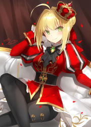 Rule 34 | 10s, 1girl, ahoge, arm up, black pants, blonde hair, blush, braid, breasts, brooch, closed mouth, commentary request, couch, crossed legs, crown, fate/extella, fate/extra, fate (series), green eyes, hair bun, hair intakes, head tilt, jacket, jewelry, juliet sleeves, kagachi saku, long sleeves, medium breasts, mini crown, nero claudius (fate), nero claudius (fate) (all), nero claudius (fate/extra), official alternate costume, on couch, pants, pantyhose, puffy sleeves, red jacket, sidelocks, signature, single hair bun, sitting, smile, solo, tilted headwear