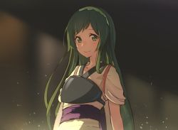 Rule 34 | 1girl, bad id, bad twitter id, blush, closed mouth, green eyes, green hair, japanese clothes, long hair, looking at viewer, muneate, oweee, smile, solo, touhoku zunko, upper body, vocaloid, voiceroid