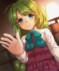 Rule 34 | 10s, 1girl, blue bow, blue bowtie, blue eyes, bow, bowtie, braid, couch, desk lamp, dress, eyebrows, green hair, highres, indoors, kantai collection, lamp, light, long hair, mole, mole under mouth, on couch, palms, pleated skirt, red skirt, red vest, sazamiso rx, shirt, single braid, skirt, sleeveless, sleeveless dress, solo, tareme, vest, waving, white shirt, yuugumo (kancolle)