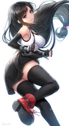 Rule 34 | 1girl, absurdres, artist name, bare shoulders, black gloves, black hair, black skirt, black thighhighs, boots, breasts, clenched hand, commentary, elbow gloves, final fantasy, final fantasy vii, final fantasy vii remake, fingerless gloves, gloves, highres, kudo kunugi, leg up, lips, long hair, low-tied long hair, medium breasts, miniskirt, red eyes, signature, simple background, skirt, sleeveless, smile, solo, square enix, suspender skirt, suspenders, thighhighs, tifa lockhart, white background, zettai ryouiki