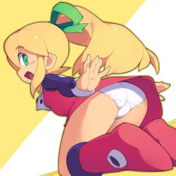 Rule 34 | 1girl, ass, blonde hair, boots, bow, commentary request, dress, dynamic pose, green bow, happy, jumping, long sleeves, mega man (classic), mega man (series), metata, panties, ponytail, red dress, red footwear, roll (mega man), simple background, solo, underwear