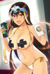 Rule 34 | 1girl, beads, bikini, bikini pull, blurry, breasts, breasts out, brown hair, clothes pull, coffee cup, covered erect nipples, cup, depth of field, disposable cup, fate/grand order, fate (series), groin, headdress, highres, jewelry, large breasts, leaning forward, lips, long hair, looking at viewer, necklace, open mouth, pasties, pink eyes, purple eyes, side-tie bikini bottom, solo, swimsuit, thighs, tiara, very long hair, white bikini, xuangzang sanzang (fate), yuzuriha (active homing)