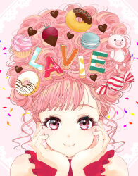 Rule 34 | 1girl, absurdres, artist name, blush, candy, chocolate, chocolate strawberry, confetti, cookie, cupcake, doughnut, food, fruit, hands on own cheeks, hands on own face, highres, lavie (cestbonlavie), long hair, looking at viewer, macaron, original, pink background, pink eyes, pink hair, sleeveless, smile, solo, straight-on, strawberry, stuffed animal, stuffed pig, stuffed toy, updo, wrapped candy