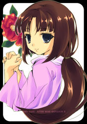Rule 34 | 1girl, after war gundam x, blue eyes, brown hair, dress, flower, from side, green eyes, gundam, lips, long hair, long sleeves, looking at viewer, looking to the side, own hands clasped, own hands together, ponytail, purple dress, simple background, solo, tiffa adill, upper body, white background, yu yu