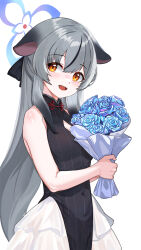 Rule 34 | 1girl, animal ears, black dress, black hair, blue archive, blue flower, blue halo, blush, bouquet, breasts, dress, flower, grey hair, halo, highres, holding, holding bouquet, jamgom, kokona (blue archive), long hair, looking at viewer, multicolored hair, open mouth, orange eyes, simple background, sleeveless, sleeveless dress, small breasts, smile, solo, streaked hair, striped clothes, striped dress, tiger ears, vertical-striped clothes, vertical-striped dress, white background