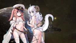Rule 34 | 2girls, ahoge, ass, blue eyes, breasts, brown hair, cowboy shot, curled horns, cutlass, dragon girl, dragonian (rimworld), flower, green eyes, hair flower, hair ornament, hat, highres, horns, lop rabbit ears, multiple girls, navel, nipples, non-web source, rabbie (rimworld), rabbit ears, rabbit girl, rimworld, sarashi, scabbard, scales, sheath, sheathed, sideboob, small breasts, space, stmast, sword, tail, thighhighs, weapon, white hair, white thighhighs