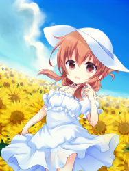 Rule 34 | 1girl, blue sky, brown eyes, brown hair, choker, cloud, collarbone, commentary request, day, dress, field, flower, flower field, folded ponytail, hat, inazuma (kancolle), kantai collection, kashiwadokoro, long hair, open mouth, outdoors, sky, smile, solo, spaghetti strap, sun hat, sundress, sunflower, sunflower field, white dress, white hat