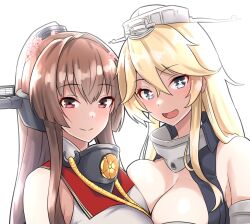 Rule 34 | asymmetrical docking, blonde hair, blue eyes, breast press, breasts, brown hair, collar, commentary request, furaggu (frag 0416), headgear, iowa (kancolle), kantai collection, kikumon, large breasts, long hair, looking at viewer, metal collar, open mouth, red eyes, simple background, smile, star-shaped pupils, star (symbol), symbol-shaped pupils, white background, yamato (kancolle), yamato kai ni (kancolle)