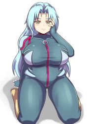 Rule 34 | 1girl, arm at side, blue bodysuit, blue hair, bodysuit, breasts, commentary, covered collarbone, english commentary, eyebrows, gluteal fold, hand on own face, highres, huge breasts, kneehighs, long hair, looking at viewer, multicolored eyes, nav (itsnav), parted bangs, plump, rainbow eyes, seiza, shadow, simple background, sitting, smile, socks, solo, star breaker (orange juice), suguri, thick thighs, thighs, white background