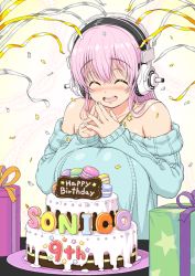 Rule 34 | 1girl, :d, ^ ^, bare shoulders, birthday, birthday cake, blush, box, breasts, cake, character name, closed eyes, confetti, closed eyes, female focus, food, gift, gift box, happy birthday, headphones, large breasts, long hair, macaron, nitroplus, off-shoulder, off-shoulder sweater, official art, open mouth, party popper, pink hair, ribbon, smile, solo, streamers, super sonico, sweater, tsuji santa