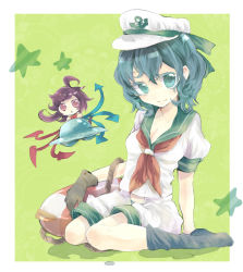 Rule 34 | 2girls, aqua eyes, arm rest, ascot, black hair, breasts, cleavage, female focus, gloves, green background, hat, houjuu nue, legomaru, looking at viewer, mini person, minigirl, multiple girls, murasa minamitsu, neckerchief, open mouth, red eyes, rope, sailor, sailor hat, shoes, short hair, shorts, simple background, smile, star (symbol), touhou, ufo, wings