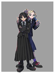 Rule 34 | 2girls, absurdres, addams family, animification, black eyes, black footwear, black hair, black jacket, black necktie, black pantyhose, black skirt, blonde hair, blue hair, blue jacket, blue skirt, braid, claw pose, claws, collared shirt, colored tips, crossed arms, disembodied limb, enid sinclair, full body, grey background, highres, jacket, long hair, long sleeves, medium hair, mi cha iru, monster girl, multicolored hair, multicolored nails, multiple girls, nail polish, necktie, pantyhose, parted bangs, pink hair, pleated skirt, school uniform, shirt, skirt, striped clothes, striped jacket, sweater vest, swept bangs, thing (addams family), twin braids, wednesday (netflix), wednesday addams
