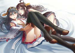 Rule 34 | 10s, 2girls, ??? (sdg19881022), ahoge, ass, bare shoulders, black hair, boots, breasts, brown hair, detached sleeves, double bun, hair bun, hair ornament, hairband, haruna (kancolle), high heels, japanese clothes, kantai collection, kongou (kancolle), long hair, multiple girls, nontraditional miko, open mouth, panties, pantyshot, personification, sdg19881022, skirt, thigh boots, thighhighs, underwear