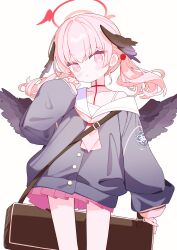 Rule 34 | 1girl, bag, black wings, blue archive, commentary request, feathered wings, halo, head wings, highres, koharu (blue archive), long hair, long sleeves, looking at viewer, miniskirt, neckerchief, off shoulder, pink eyes, pink hair, pink halo, pink neckerchief, pleated skirt, red halo, red skirt, sailor collar, school uniform, shoulder bag, skirt, solo, suwasui, twintails, white background, white sailor collar, wings