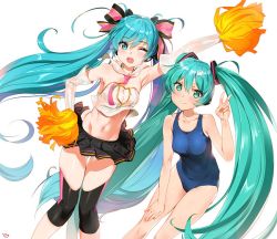 Rule 34 | 2girls, ;d, aqua eyes, aqua hair, arm up, armpits, bare arms, bare legs, bare shoulders, black skirt, blue one-piece swimsuit, breasts, collarbone, detached collar, detached sleeves, dual persona, green eyes, green hair, groin, hair ribbon, hand on own hip, hand on own knee, hatsune miku, leaning forward, long hair, looking at viewer, medium breasts, midriff, multiple girls, navel, necktie, one-piece swimsuit, one eye closed, open mouth, pink necktie, pom pom (cheerleading), ribbon, simple background, skirt, smile, swimsuit, thigh gap, twintails, v, very long hair, vocaloid, white background, yd (orange maru)