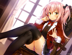 Rule 34 | 1girl, absurdres, artist name, black thighhighs, blazer, blush, bow, bowtie, buttons, chair, closed mouth, crossed legs, curtains, detached sleeves, fingernails, frills, hair bow, highres, indoors, jacket, lips, long hair, long sleeves, looking at viewer, original, panties, pantyshot, pink hair, pink panties, scan, shiny clothes, shiny skin, short twintails, sidelocks, sitting, skirt, solo, thighhighs, twintails, two side up, underwear, window, yuuki hagure