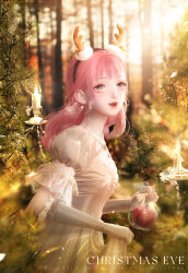 Rule 34 | 1girl, 3d, absurdres, antlers, apple, bag, blurry, blurry background, blurry foreground, breasts, brown eyes, candle, candlelight, chinese commentary, cleavage, clothes lift, commentary request, day, dress, earrings, elbow gloves, english text, food, forest, fruit, gloves, highres, holding, holding bag, horns, jewelry, lips, lipstick, long hair, looking at viewer, looking to the side, makeup, merry christmas, nature, necklace, nikki (miracle nikki), official art, outdoors, parted lips, pink hair, reindeer antlers, shining nikki, skirt, skirt lift, small breasts, smile, solo, sunlight, tree, white dress, white gloves