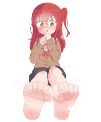 Rule 34 | 1girl, absurdres, barefoot, blush, bocchi the rock!, feet, green eyes, highres, kita ikuyo, long hair, looking at viewer, open mouth, red hair, side ponytail, soles, steam, sweat, toes