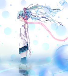Rule 34 | 1girl, absurdres, bad id, bad pixiv id, closed eyes, detached sleeves, female focus, floating hair, gradient background, hatsune miku, headphones, highres, long hair, open mouth, profile, puuzaki puuna, reflection, skirt, solo, thighhighs, twintails, vocaloid, wading, white background