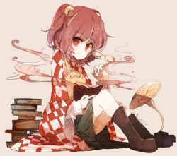 Rule 34 | 1girl, apron, bad id, bad pixiv id, bell, book, boots, checkered clothes, checkered kimono, clothes writing, cross-laced footwear, female focus, hair bell, hair ornament, hisona (suaritesumi), japanese clothes, kimono, lace-up boots, long sleeves, looking at viewer, motoori kosuzu, phonograph, pink hair, red eyes, short hair, short twintails, sitting, skirt, smile, solo, touhou, twintails, two side up, wide sleeves