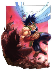 Rule 34 | 1boy, armor, attack, bandana, bardock, black eyes, black hair, clenched teeth, dragon ball, energy ball, facing away, fighting, fighting stance, floating, gradient background, long hair, male focus, outside border, red background, red bandana, rock, scouter, short hair, simple background, spiked hair, teeth, white background, wristband