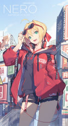 Rule 34 | 10s, 1girl, ahoge, alternate costume, billboard, black shorts, black sweater, blonde hair, blue sky, city, clothes writing, contemporary, contrapposto, cowboy shot, day, eyewear on head, fate/extra, fate (series), green eyes, hair intakes, hair ribbon, hand up, head tilt, headphones, highres, hood, hooded sweater, jacket, long sleeves, looking at viewer, nero claudius (fate), nero claudius (fate) (all), nero claudius (fate/extra), nian (zhanian), open mouth, outdoors, red-framed eyewear, red jacket, red ribbon, ribbon, short hair, short shorts, shorts, sky, smile, solo, standing, sunglasses, sunglasses on head, sweater, torn clothes, torn shorts