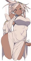 Rule 34 | 1girl, absurdres, bare shoulders, breasts, brown eyes, character name, china dress, chinese clothes, closed mouth, commentary request, covered navel, dark-skinned female, dark skin, dress, fingernails, guilty gear, hair ornament, hand on own chest, hand up, highres, kuma (jk0073), kuradoberi jam, long hair, looking at viewer, medium breasts, pink hair, signature, simple background, sleeveless, sleeveless dress, sweat, sweatdrop, thighs, white background, white dress