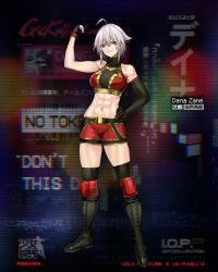 Rule 34 | 1girl, abs, ahoge, asymmetrical gloves, bike shorts, black footwear, black thighhighs, boots, breasts, character name, clenched hand, cross-laced footwear, dana zane, fist pump, full body, girls&#039; frontline, gloves, hand on own hip, highres, infukun, knee boots, knee pads, lace-up boots, medium breasts, midriff, mismatched gloves, navel, official alternate costume, official art, red eyes, short hair, silver hair, solo, sports bra, standing, thigh boots, thighhighs, thighs, va-11 hall-a, wrestling outfit