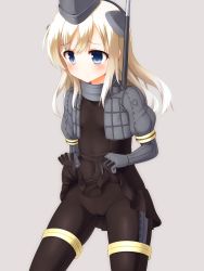 Rule 34 | 10s, 1girl, black dress, black pantyhose, blonde hair, blue eyes, blush, cameltoe, cleft of venus, clothes lift, covered navel, cowboy shot, cropped jacket, dress, dress lift, faubynet, garrison cap, gloves, grey background, hat, headgear, highres, kantai collection, long hair, military, military hat, military uniform, pantyhose, puffy sleeves, simple background, solo, u-511 (kancolle), uniform