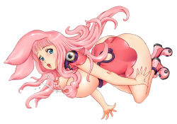 Rule 34 | 1girl, animal ears, blue eyes, blush stickers, breasts, full body, huge breasts, lactation, large breasts, long hair, melona (queen&#039;s blade), monster girl, nipples, open mouth, pink hair, prehensile hair, queen&#039;s blade, rabbit ears, see-through, slime girl, solo, taniguchi eiichi, very long hair, wide hips