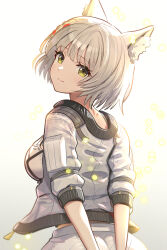 Rule 34 | 1girl, animal ears, arms behind back, ass, breasts, cat ears, closed mouth, commentary request, gonzarez, grey hair, grey sweater, highres, large breasts, looking back, medium breasts, mio (xenoblade), short hair, smile, solo, spoilers, sweater, white background, xenoblade chronicles (series), xenoblade chronicles 3, yellow eyes