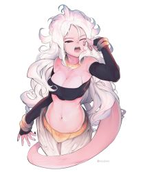 Rule 34 | 1girl, ;o, android 21, arm warmers, artist name, baggy pants, bandeau, bangle, bare shoulders, black nails, black sclera, bracelet, breasts, bubble, cleavage, colored sclera, dragon ball, dragon ball fighterz, half-closed eyes, harem pants, highres, jewelry, long hair, majin android 21, medium breasts, messy hair, midriff, nail polish, navel, one eye closed, open mouth, pants, red eyes, roodiwn, simple background, solo, strapless, tail, tears, tube top, very long hair, white background, white hair, yawning