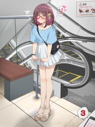 Rule 34 | !, !!, 1girl, artist name, bag, bench, blue shirt, blush, bracelet, cellphone, clenched hands, closed mouth, clothes writing, collarbone, dorsiflexion, embarrassed, escalator, female focus, flat chest, full body, glasses, handbag, heart, highres, indoors, japanese text, jewelry, kakuremino7928, legs, legs together, miniskirt, nail polish, orange eyes, original, phone, pink nails, pleated skirt, public indecency, purple hair, raised eyebrows, red-framed eyewear, remote control vibrator, sandals, semi-rimless eyewear, sex toy, shirt, shirt tucked in, short hair, short sleeves, shoulder bag, sidelocks, sign, signature, skirt, smartphone, solo, speech bubble, spoken exclamation mark, spoken heart, stairs, standing, surprised, sweat, tile floor, tiles, toenail polish, toenails, translation request, trembling, twitter username, vibrator, vibrator under clothes, white footwear, white skirt, yellow eyes