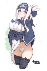 Rule 34 | 10s, 1girl, absurdres, ainu, ainu clothes, blue eyes, blush, breasts, cowboy shot, cropped jacket, dress, folded ponytail, fundoshi, goekawa, hair between eyes, headband, highres, japanese clothes, kamoi (kancolle), kantai collection, large breasts, long hair, looking at viewer, pelvic curtain, sidelocks, sleeveless, sleeveless dress, solo, thick eyebrows, thighhighs, thighs, white dress, wrist guards