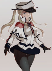 Rule 34 | 10s, 1girl, absurdres, blonde hair, blue eyes, breasts, capelet, female focus, gloves, graf zeppelin (kancolle), hat, highres, kantai collection, kirby (series), kirbyheimi, large breasts, long hair, miniskirt, nintendo, pantyhose, peaked cap, skirt, smile, solo, twintails, uniform