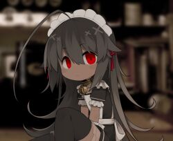 Rule 34 | 1girl, alternate costume, apron, bell, between legs, black dress, black thighhighs, blurry, blurry background, closed mouth, collar, commentary request, dark-skinned female, dark skin, dress, enmaided, expressionless, flat chest, frilled apron, frilled dress, frilled sleeves, frills, gloves, grey hair, hair between eyes, hair flaps, hair ribbon, hand between legs, jingle bell, kisaragi kaya, knee up, light blush, long hair, looking at viewer, maid, maid headdress, metal collar, neck bell, original, puffy short sleeves, puffy sleeves, red eyes, red ribbon, ribbon, short sleeves, sitting, solo, thighhighs, very long hair, white apron, white gloves, yste