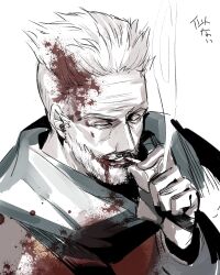 Rule 34 | 1boy, blood, blood in hair, blood on face, cigarette, facial hair, fate/grand order, fate (series), from above, grey hair, male focus, mature male, mustache, muted color, noko morokoshi, short hair, sideburns, smile, smoking, solo, thick eyebrows, upper body, william tell (fate), wrinkled skin