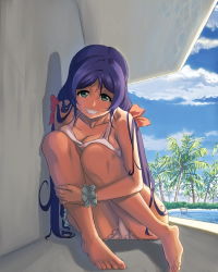 Rule 34 | 1girl, against wall, barefoot, bikini, blush, breast press, breasts, cleavage, clenched teeth, cloud, day, feet, female focus, green eyes, groin, hair ornament, hair ribbon, hair scrunchie, highres, knees together feet apart, legs, light blush, long hair, looking at viewer, love live!, medium breasts, nose blush, outdoors, palm tree, pool, purple hair, ribbon, scrunchie, sitting, sky, smile, solo, swimsuit, teeth, thighs, toes, tojo nozomi, tree, water, yachi (fujiyasu0616)